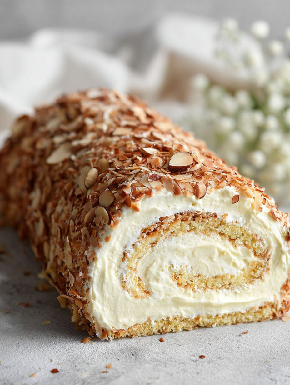 A roll of cake with white frosting and nuts.