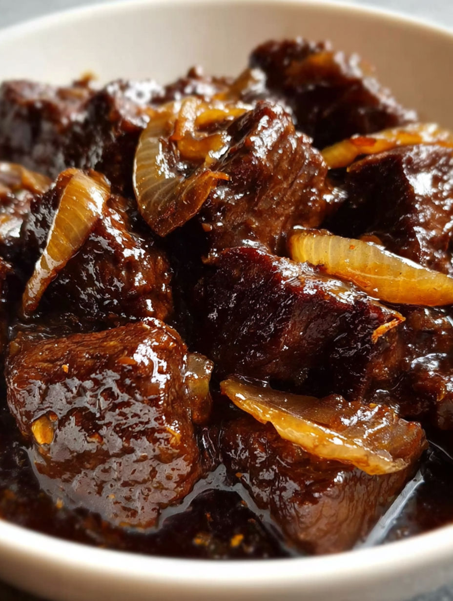 A close up of a delicious steak in a sauce.