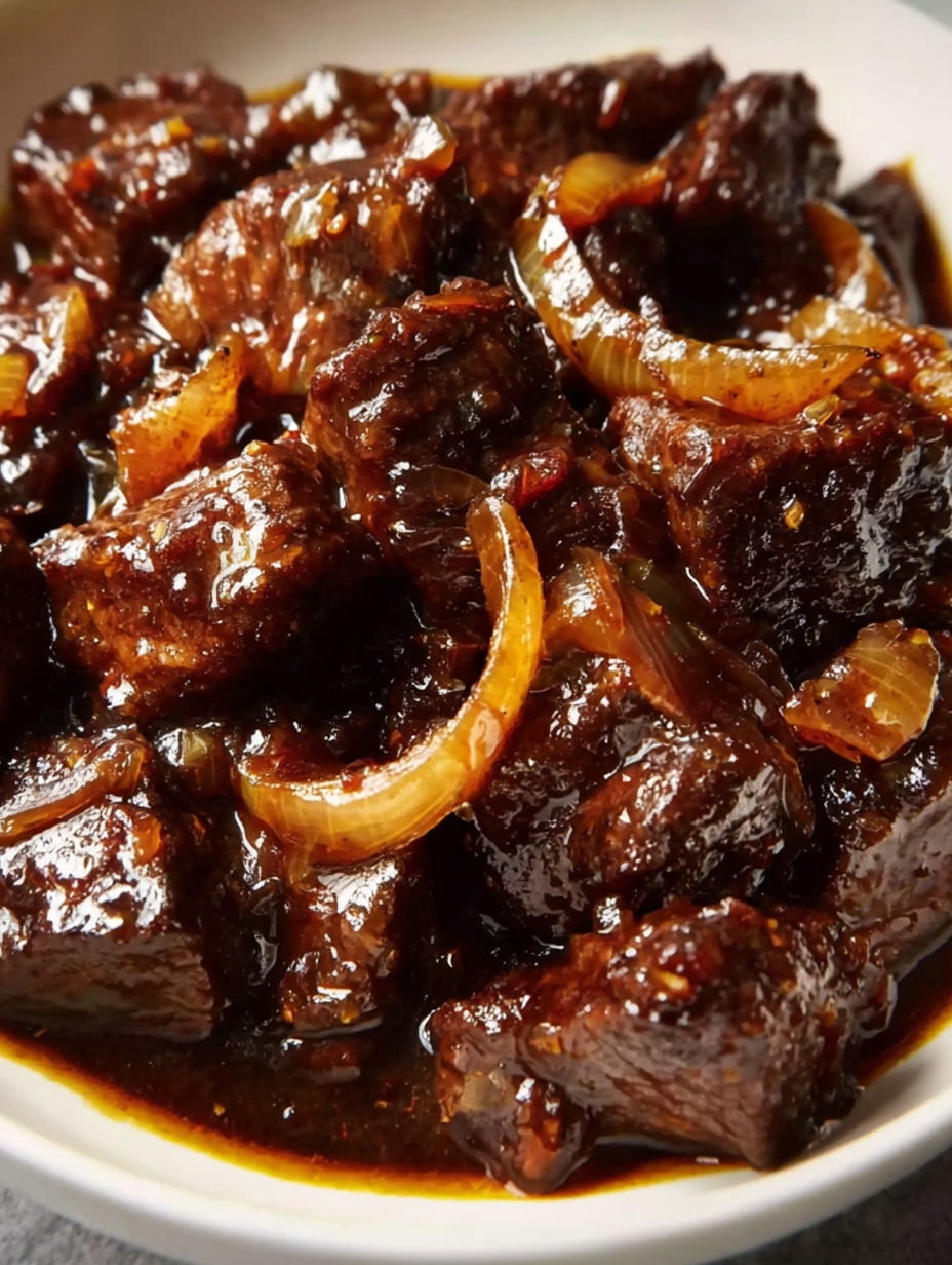 A close up of a delicious stew with meat and onions.