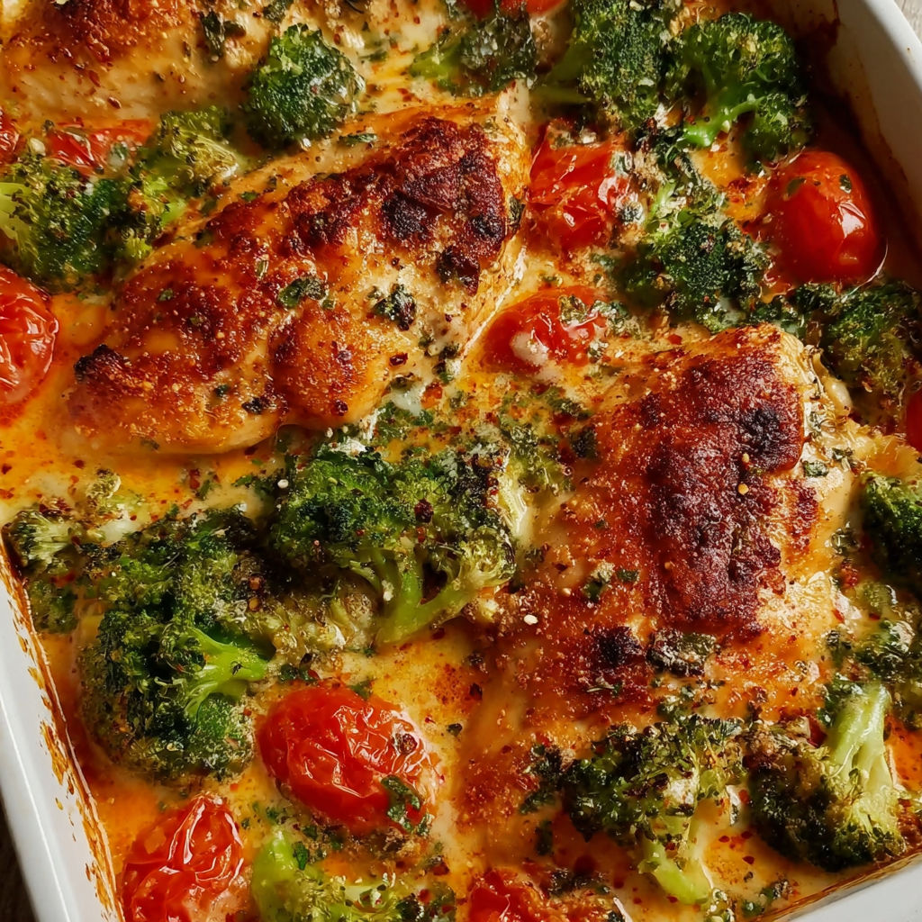 A dish of chicken with broccoli and tomatoes.
