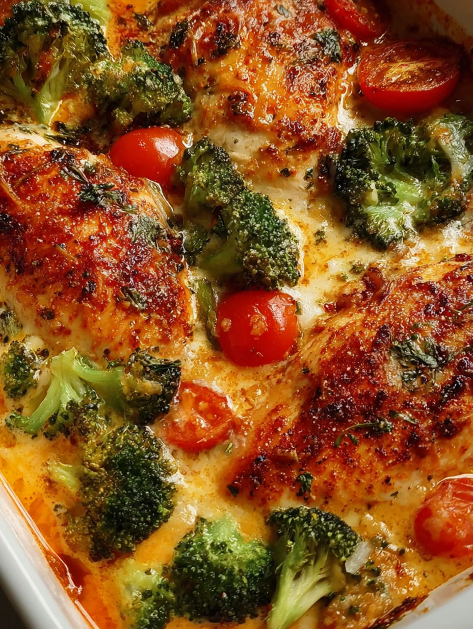 A dish of chicken with broccoli and tomatoes.