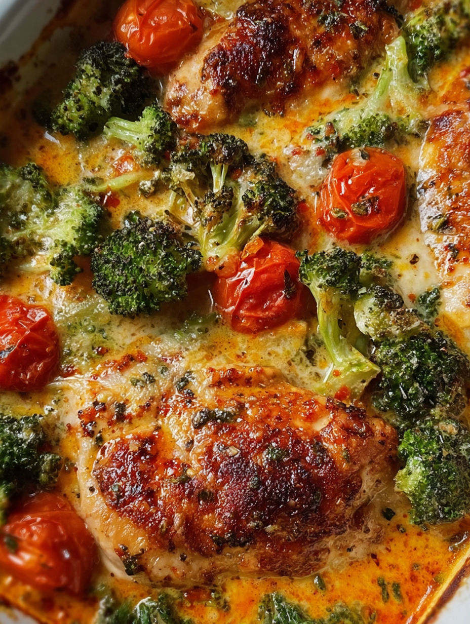 A close up of a delicious meal with broccoli and tomatoes.