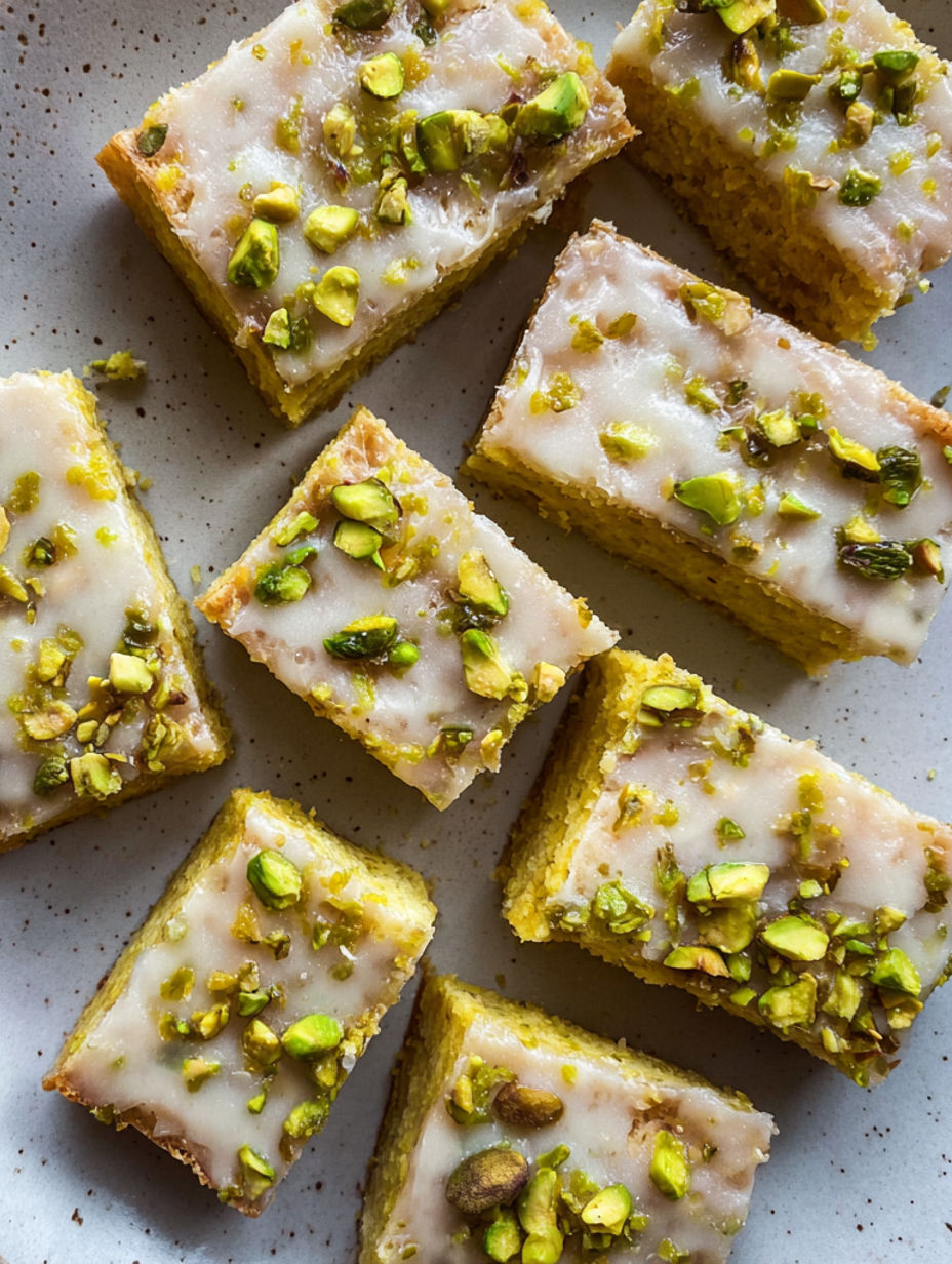 A square piece of cake with green toppings.