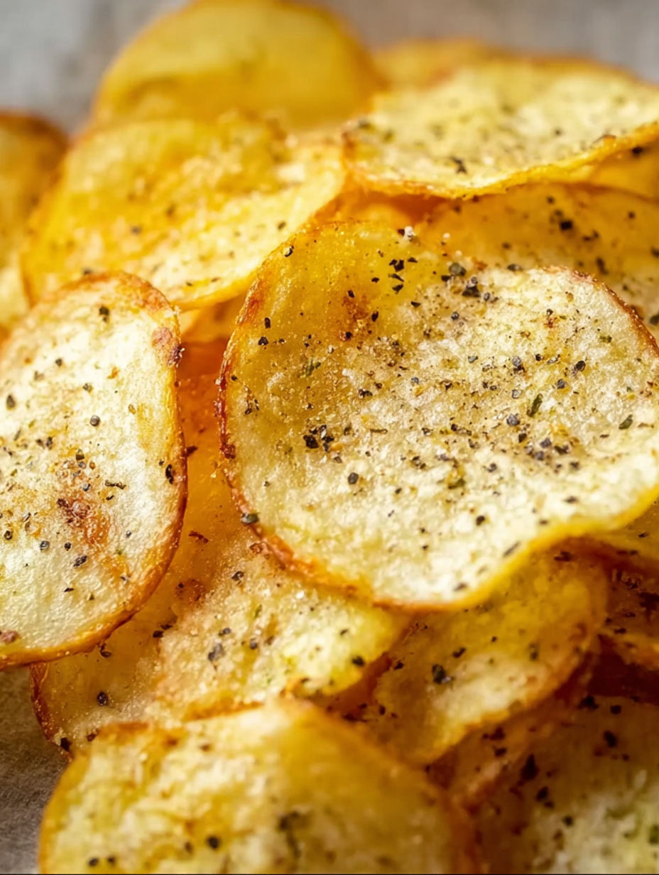 A pile of crispy potato chips.