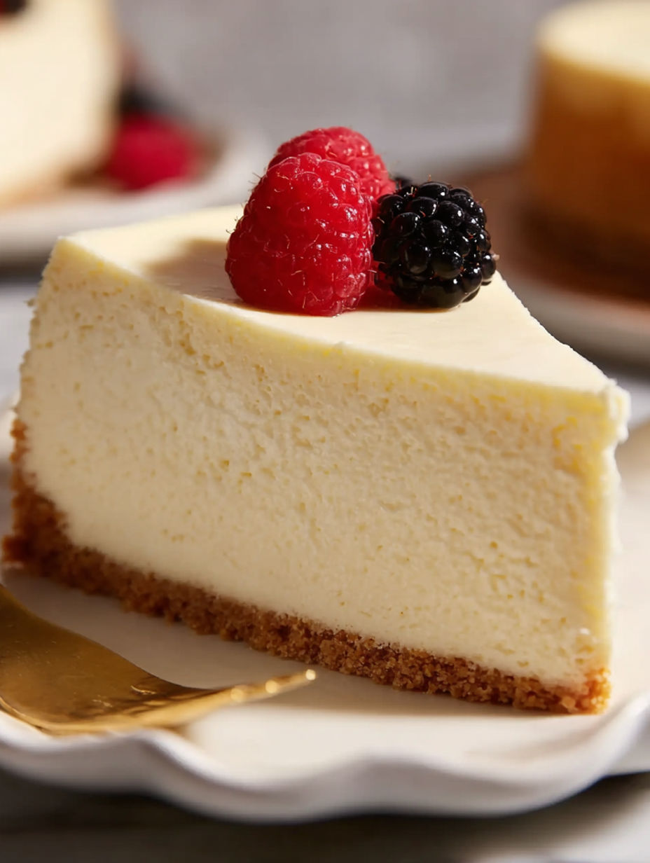 A slice of cheesecake with a raspberry on top.