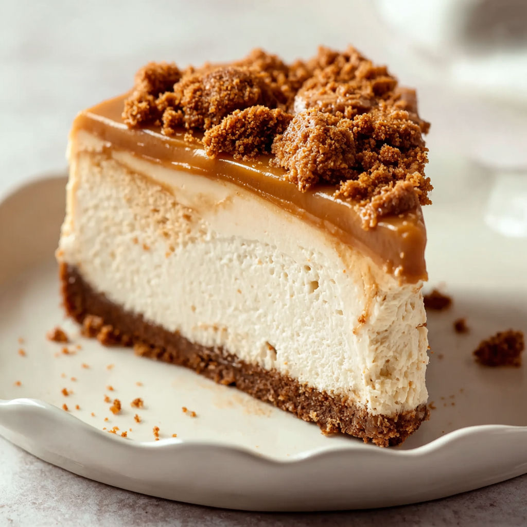 A slice of No Bake Biscoff Cheesecake.