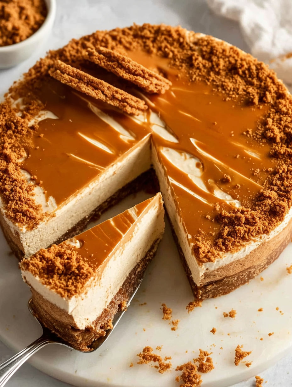 A slice of No Bake Biscoff Cheesecake.