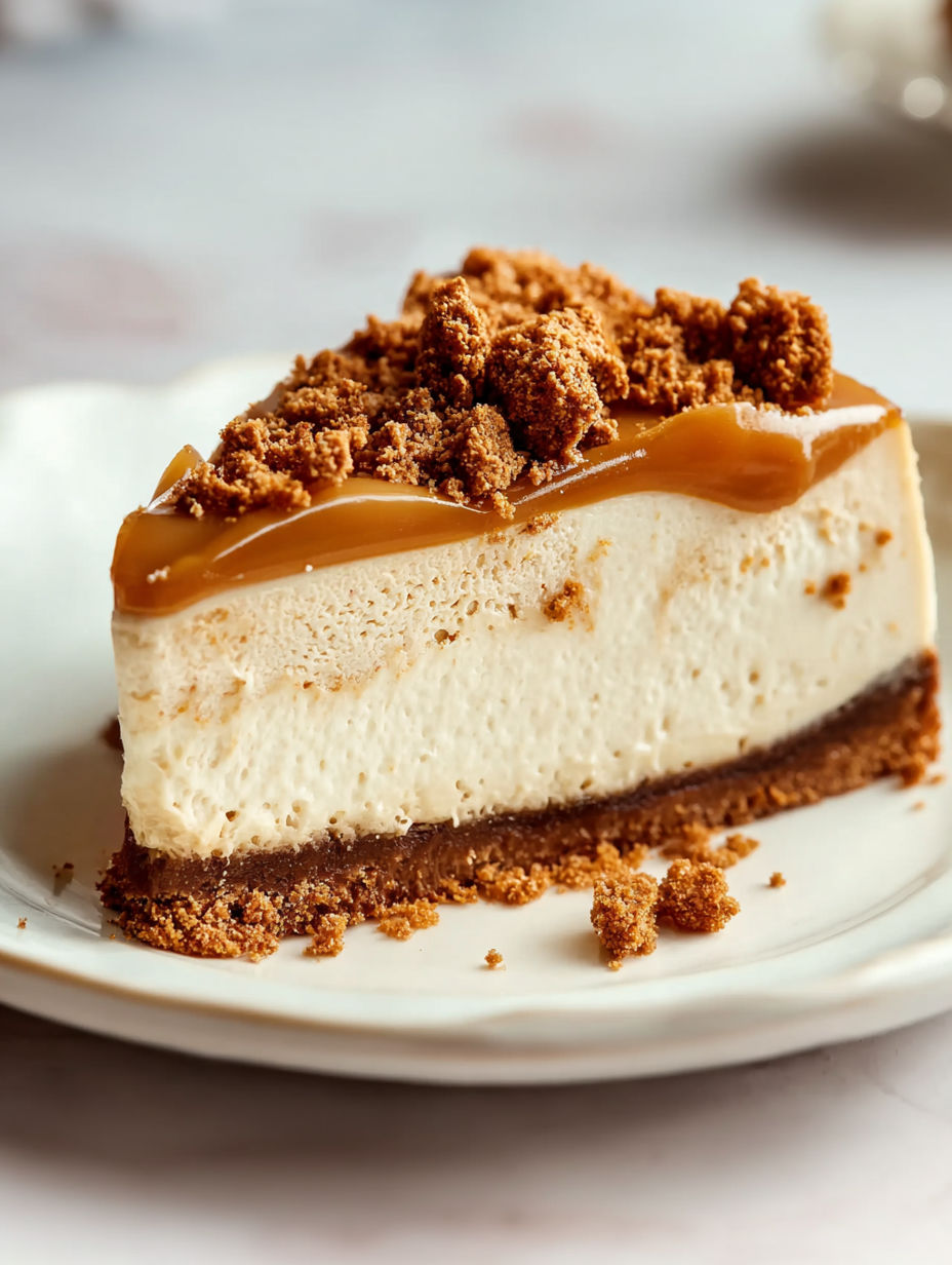 A slice of No Bake Biscoff Cheesecake.