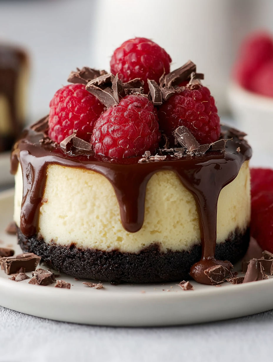 A slice of chocolate and raspberry cheesecake.