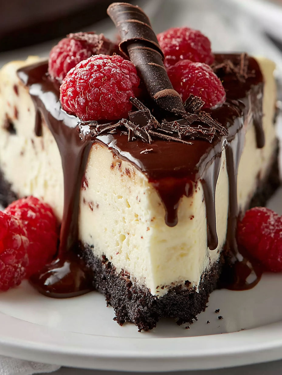 A slice of chocolate and raspberry cheesecake.