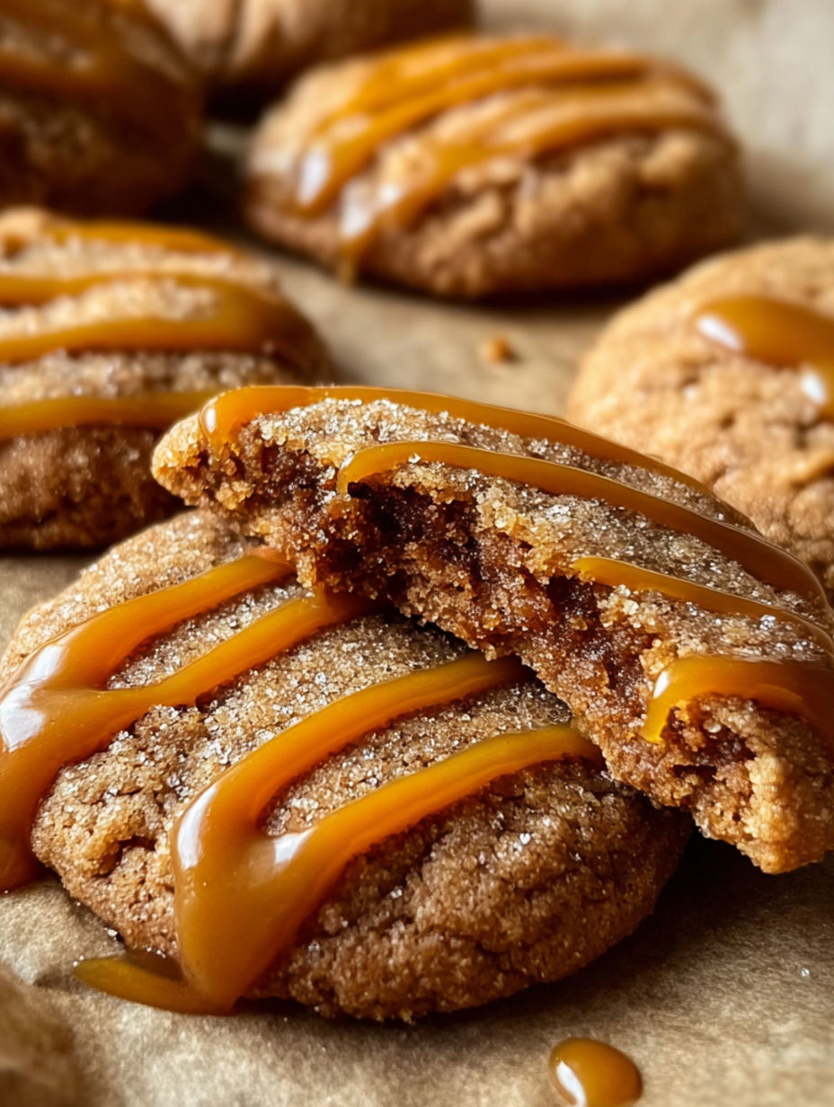 Caramel macchiato cookies with drizzled caramel.