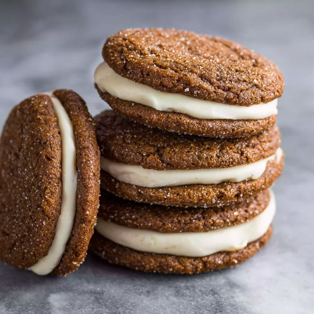 A stack of ginger-molasses-sandwich cookies with white frosting.