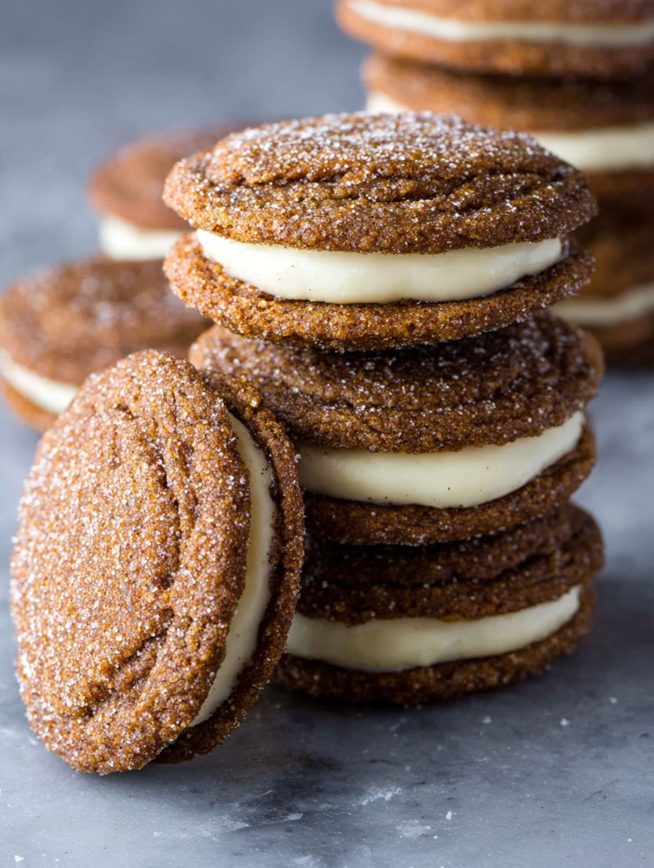 Stacks of cookies with white frosting and brown sugar.
