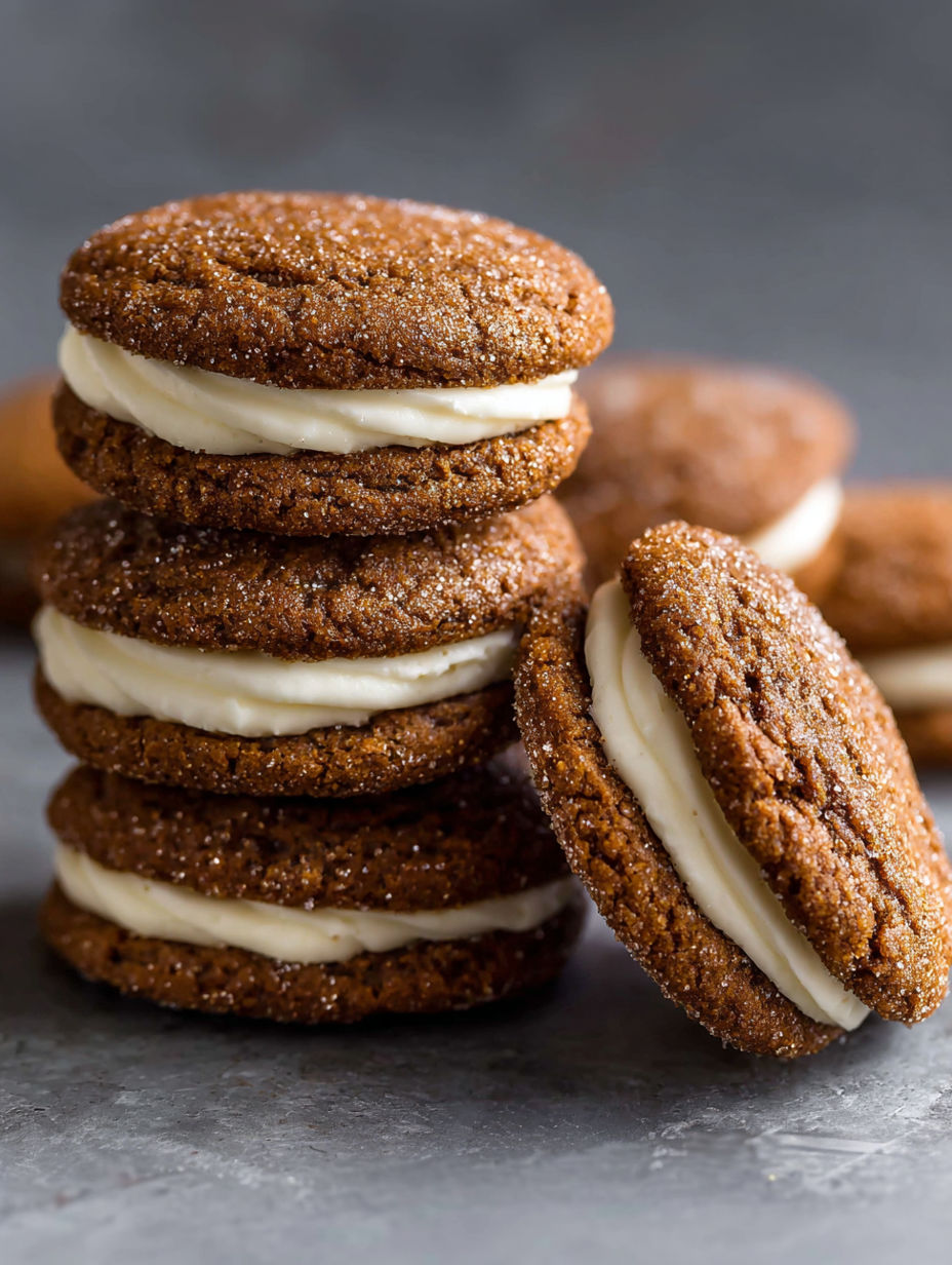 A stack of ginger-molasses-sandwich cookies with white frosting.