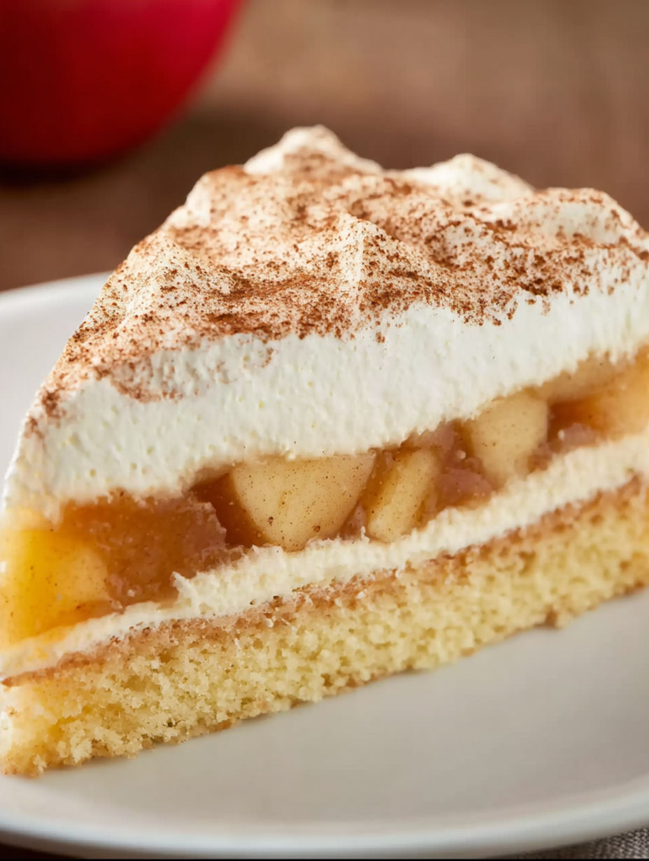 A slice of apple cake with a dollop of whipped cream on top.