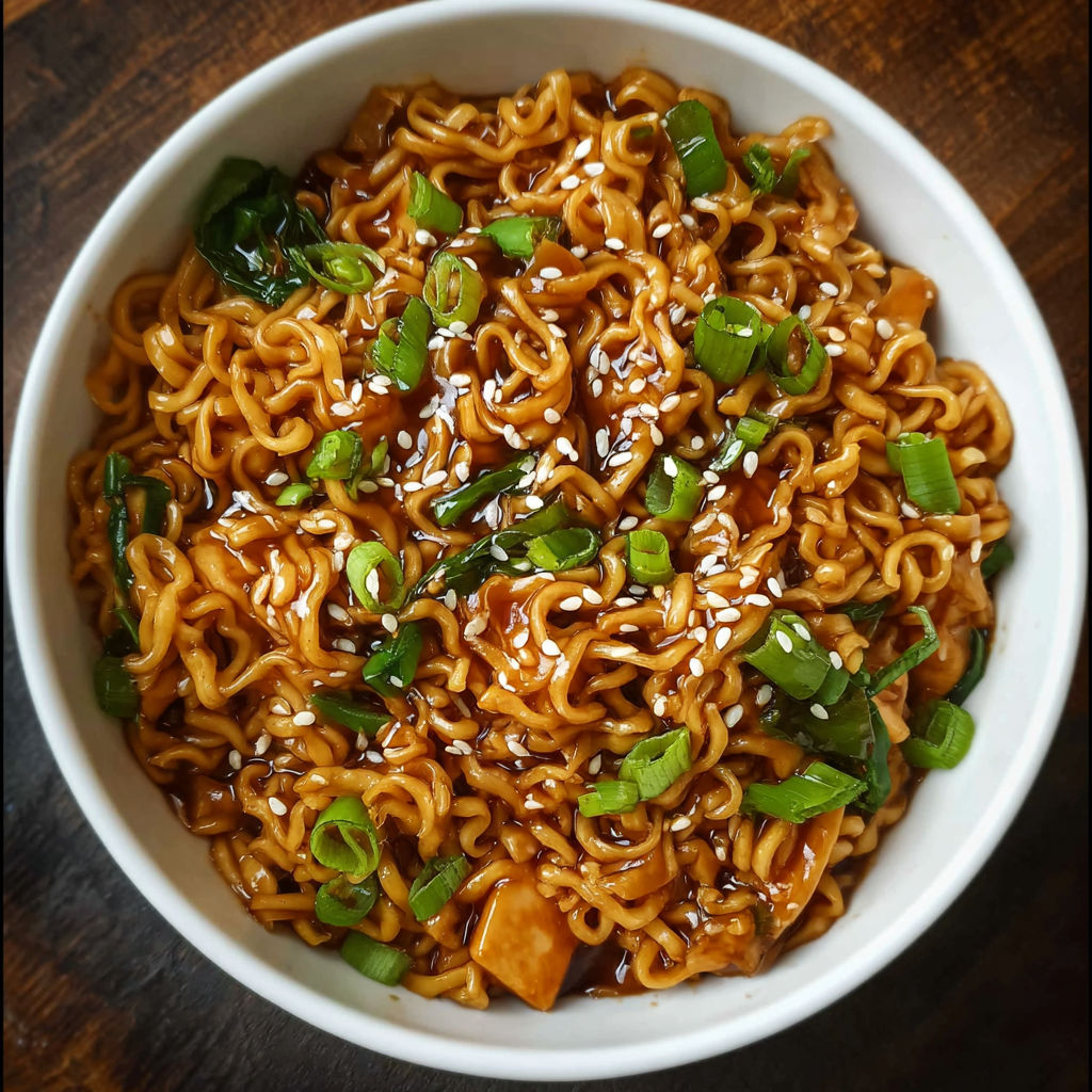A bowl of noodles with vegetables and sauce.