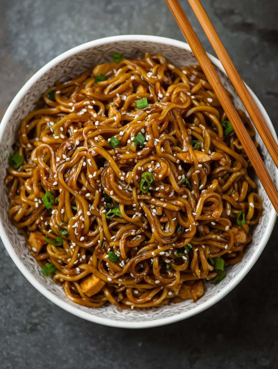 A bowl of noodles with vegetables and sauce.
