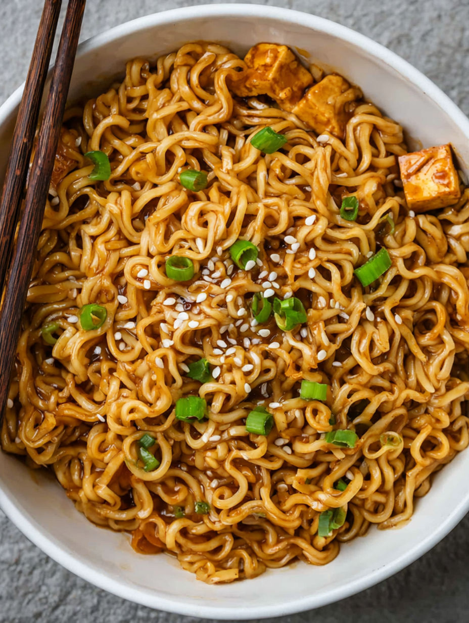 A bowl of noodles with vegetables and sauce.