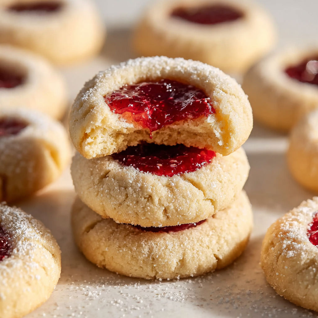 A stack of thumbprint cookies with red jam filling.