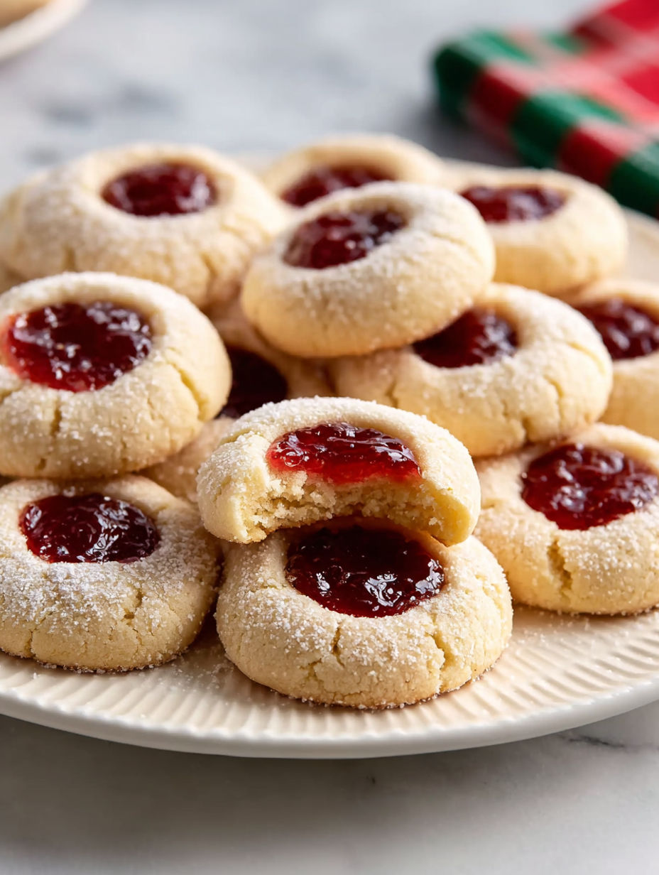 A plate of cream cheese thumbprint cookies.