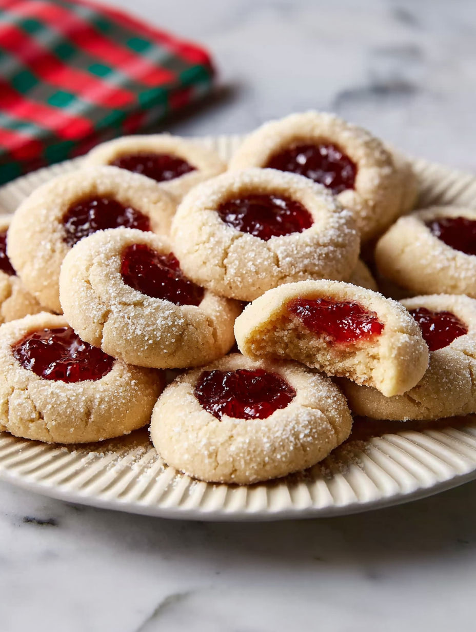 A plate of cream cheese thumbprint cookies.