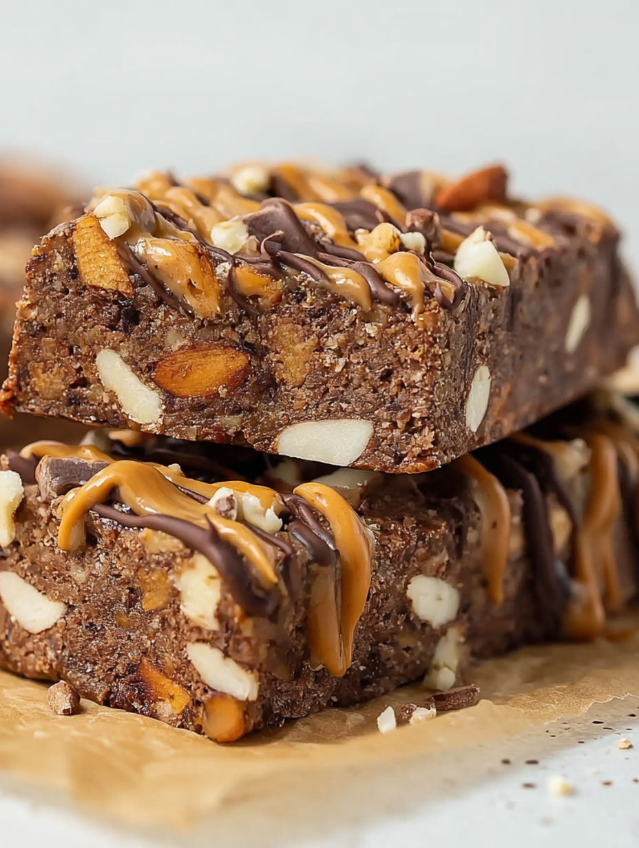 A close up of a chocolate and peanut butter bar.