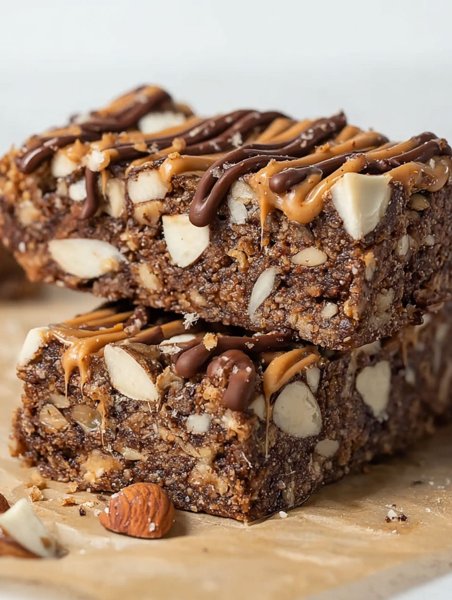 A close up of a chocolate and peanut butter bar.