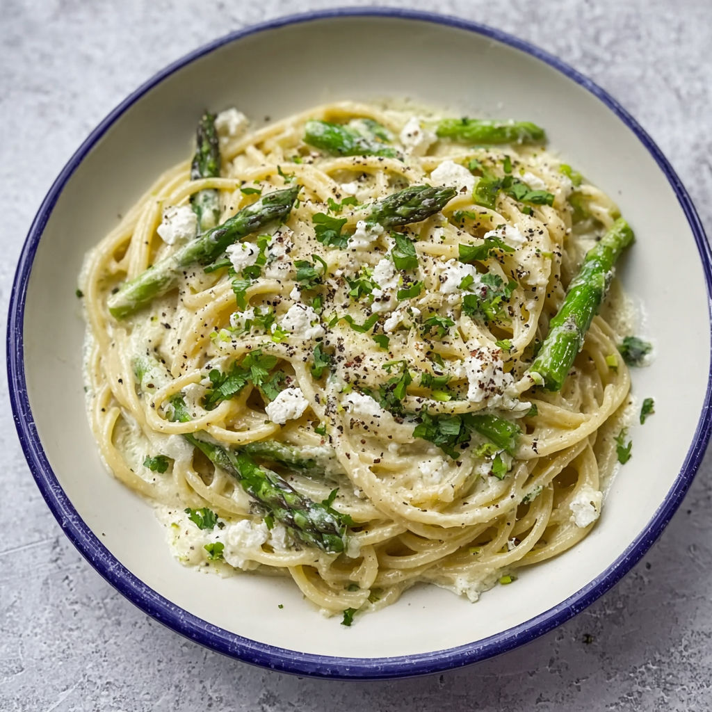 A bowl of cream sauce pasta with feta cheese and green vegetables.