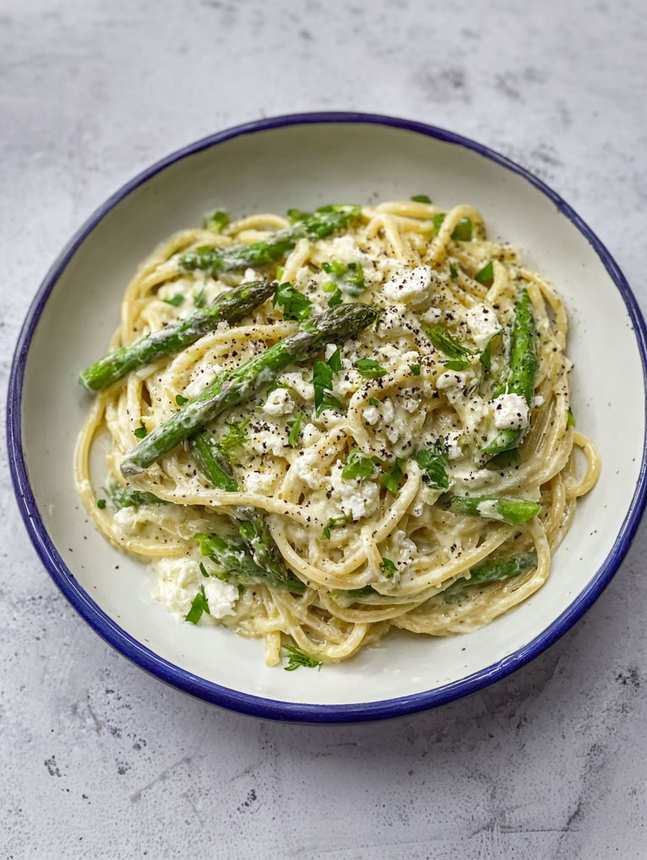 A bowl of pasta with green asparagus and feta cheese.