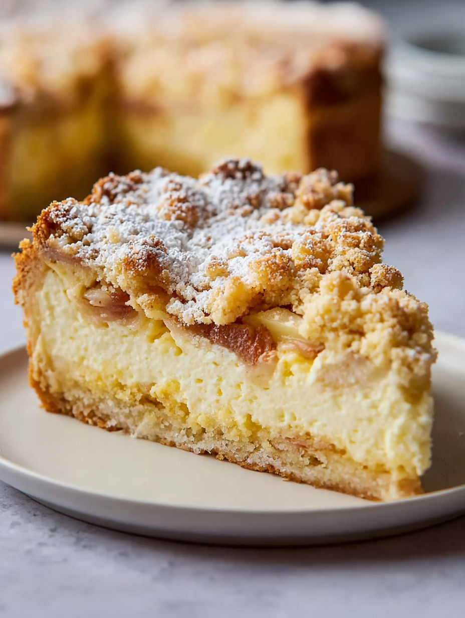 A slice of a dessert with a crumble topping.