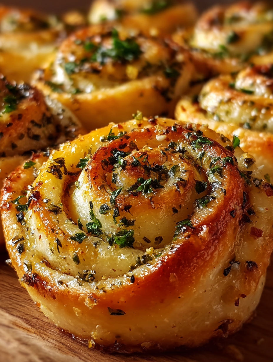 Garlic swirl rolls on a wooden table.