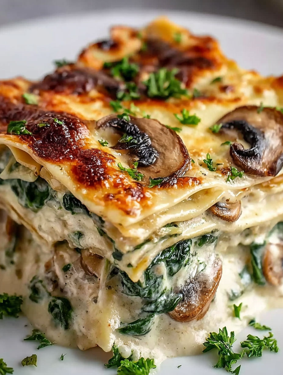 A creamy lasagna with spinach and mushrooms.