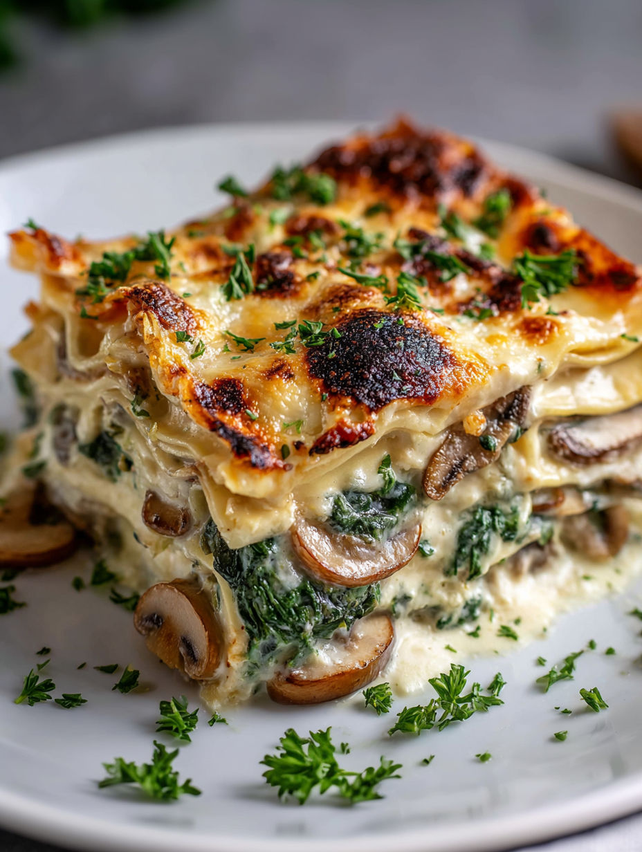 A white plate with a creamy lasagna on it.