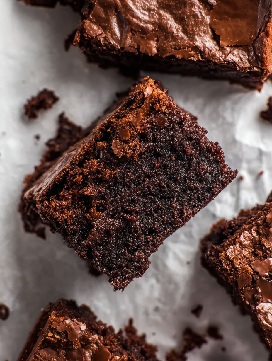 A piece of mochi brownies on a white surface.