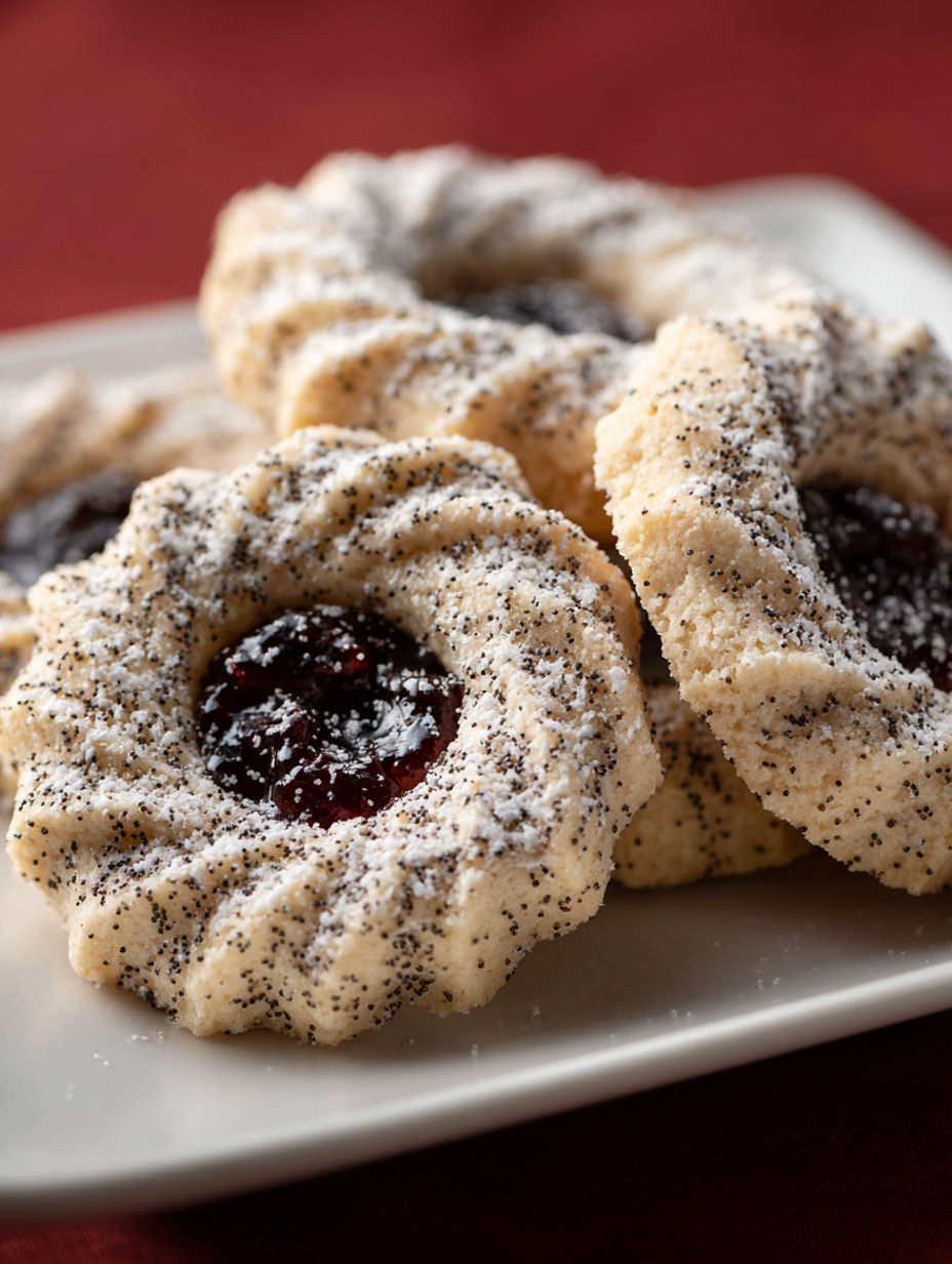 A plate of cookies with jelly in the middle.