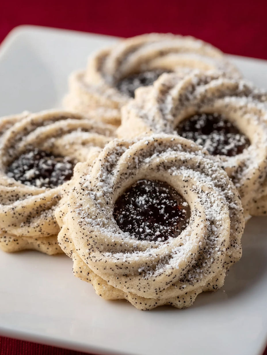 A plate of cookies with powdered sugar on top.