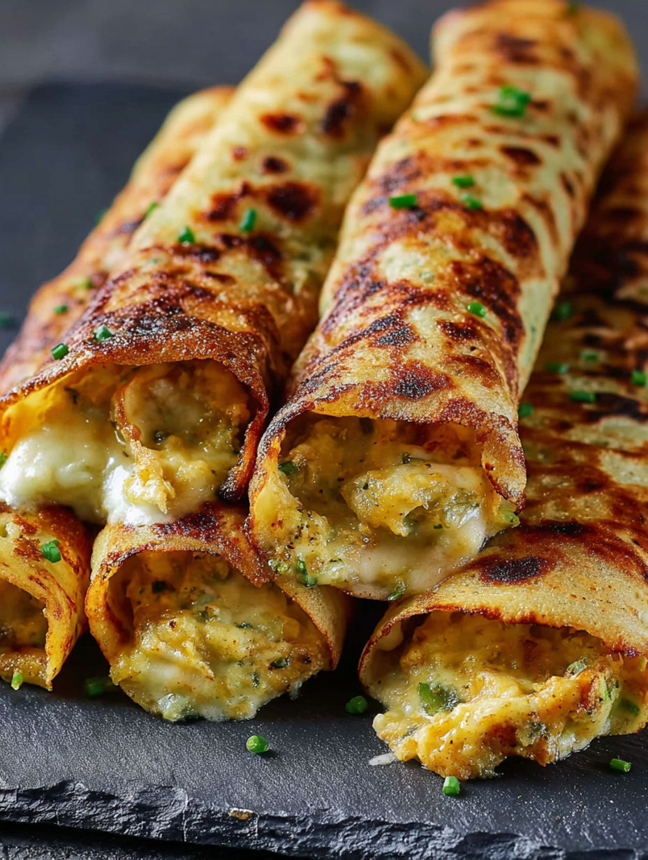 A stack of three pancakes with cheese and chives.