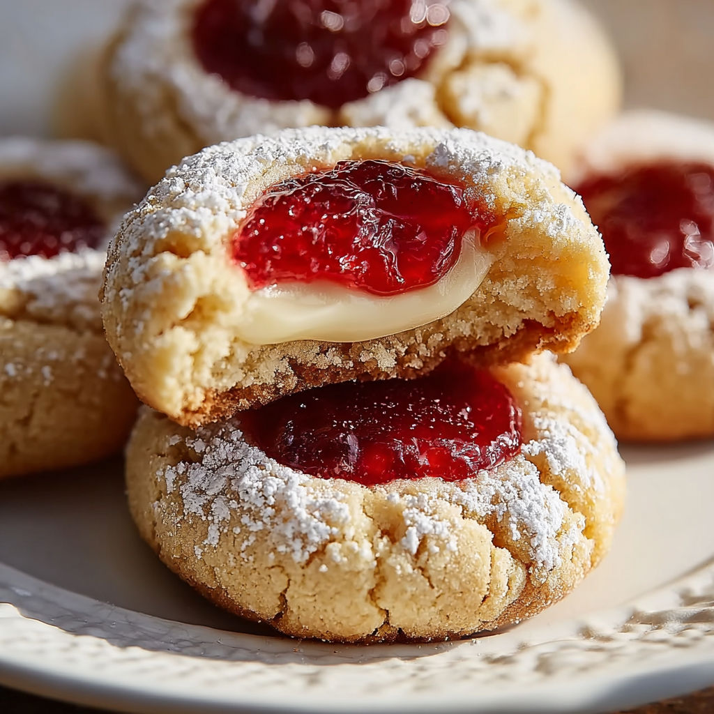 A plate of cookies with jelly in the middle.