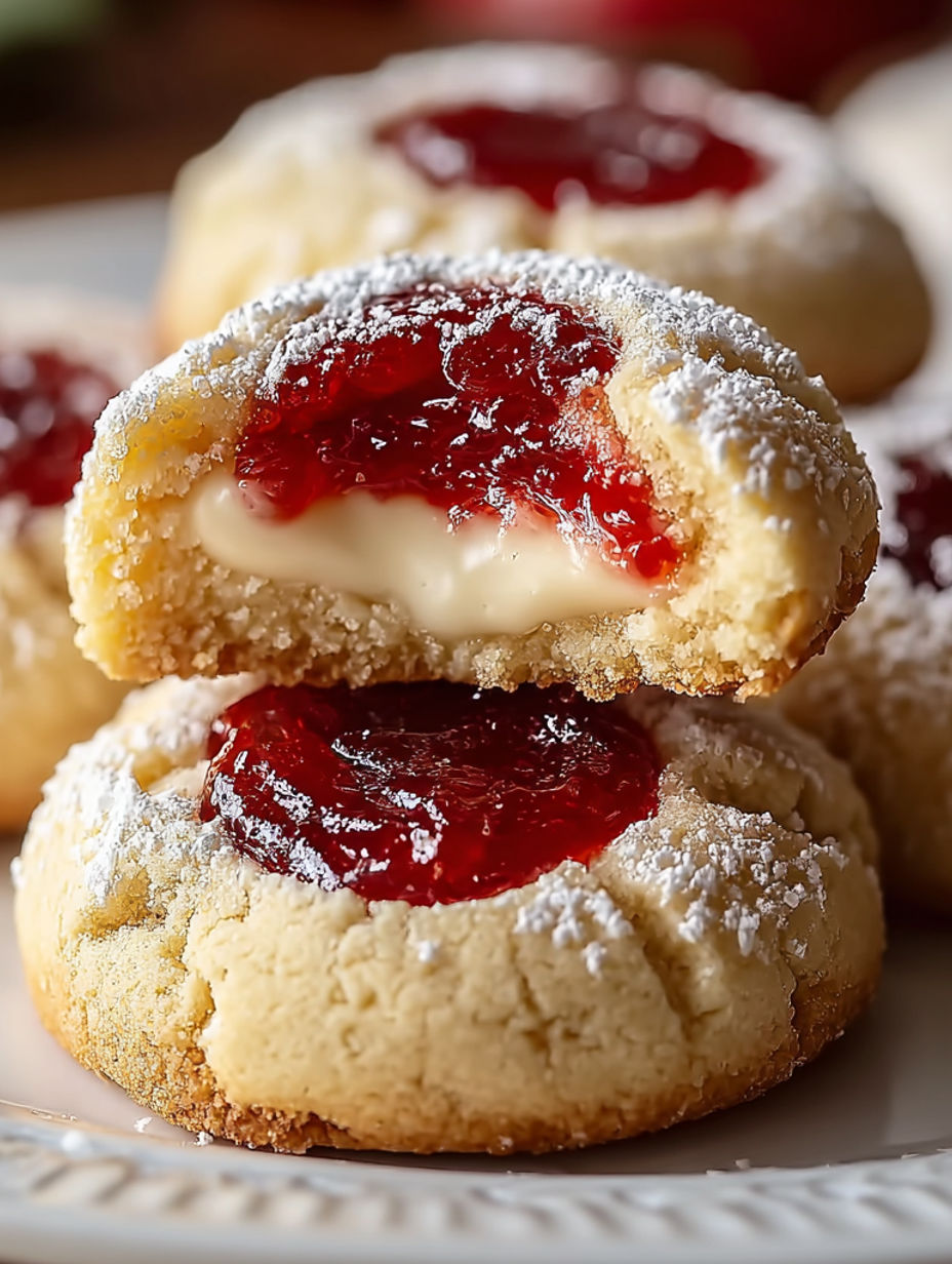 A plate of cookies with jelly in the middle.