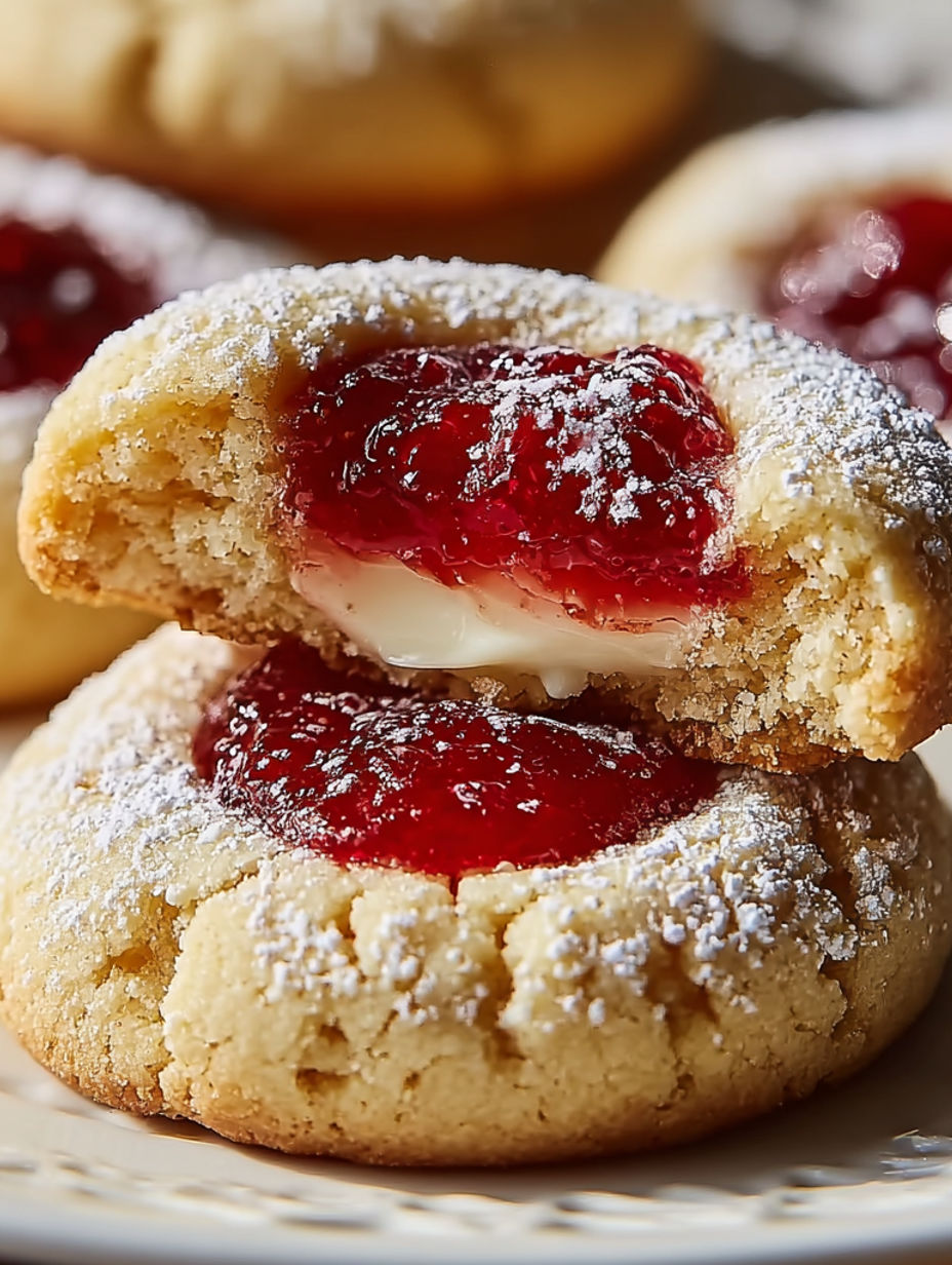 A cookie with jelly and cream on top.