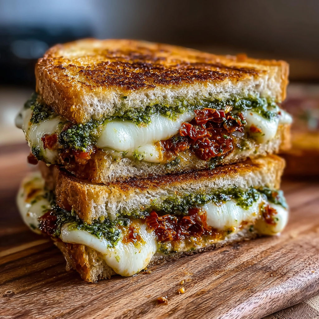A sandwich with cheese and tomatoes on a wooden table.