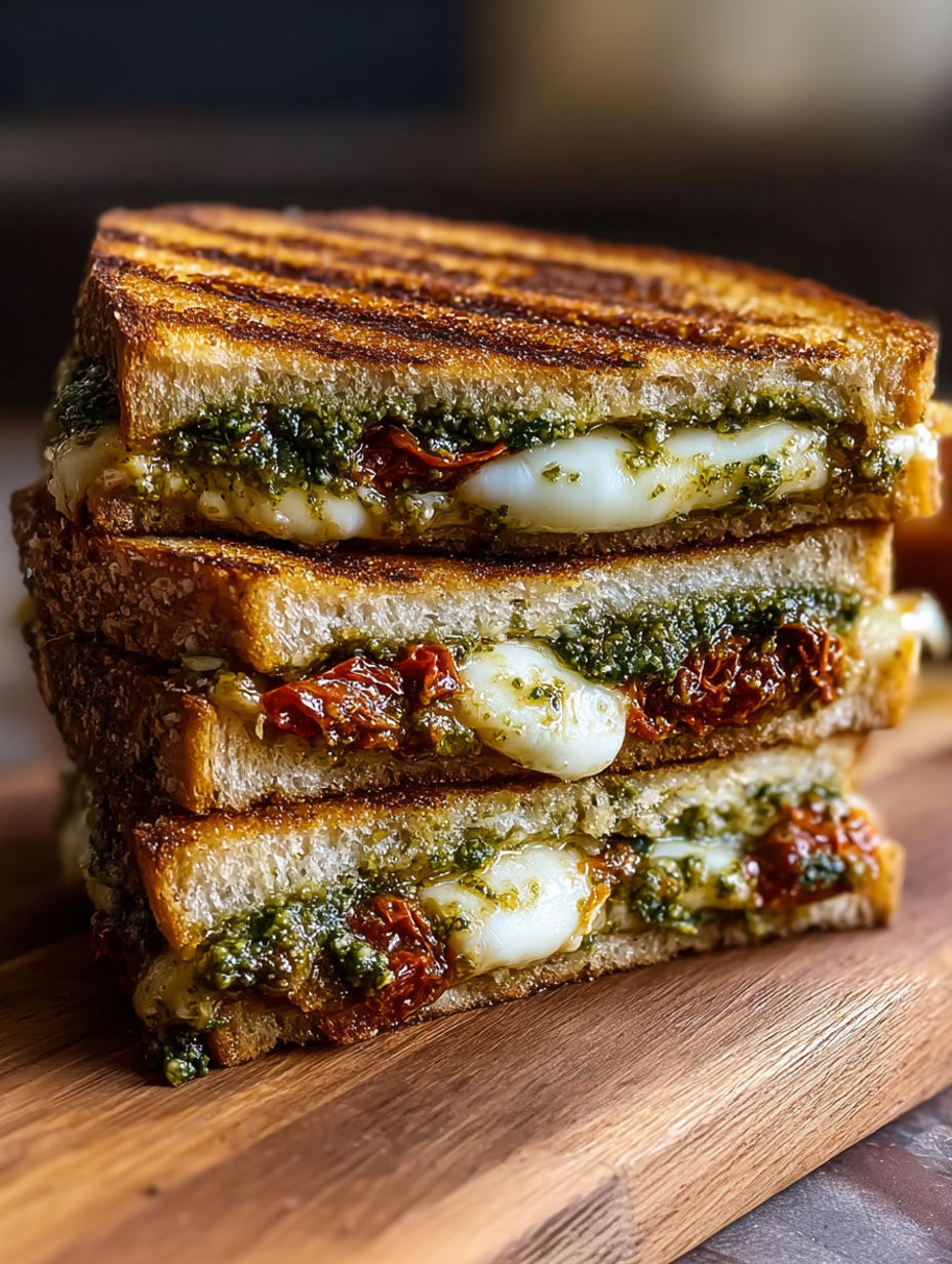A stack of sandwiches with tomatoes and pesto.