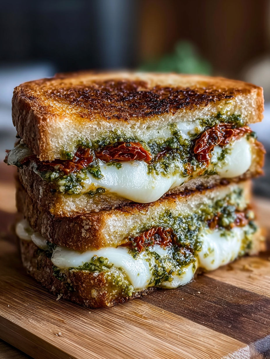 A sandwich with cheese and tomatoes on a wooden table.