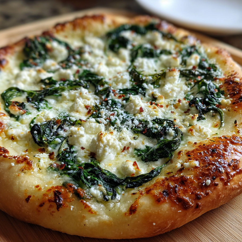 A pizza with spinach and cheese on top.