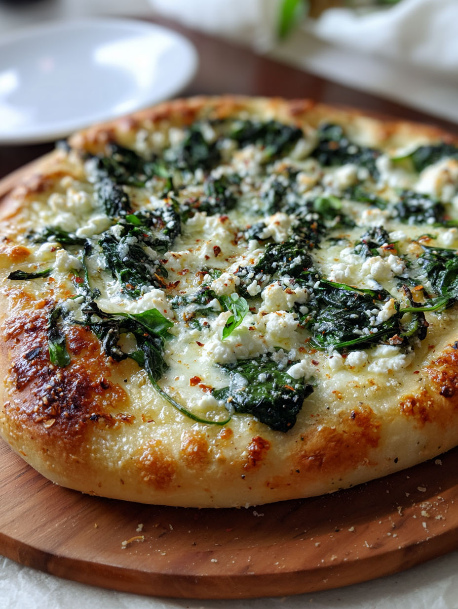 A pizza with spinach and cheese on it.