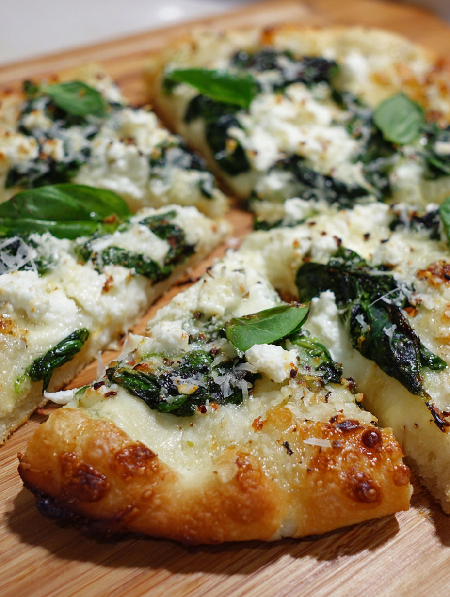 A pizza with spinach and cheese on it.