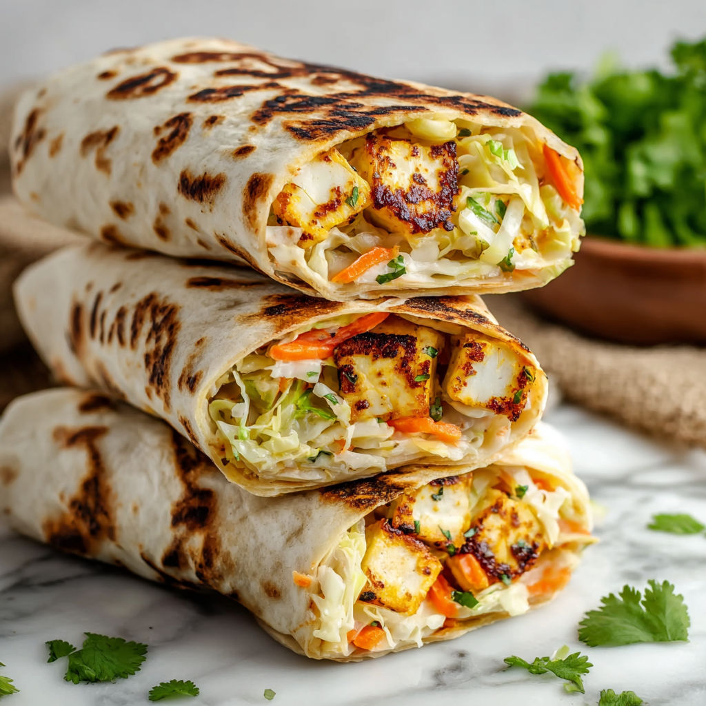 Three Sweet Chili Halloumi Wraps stacked on a table.