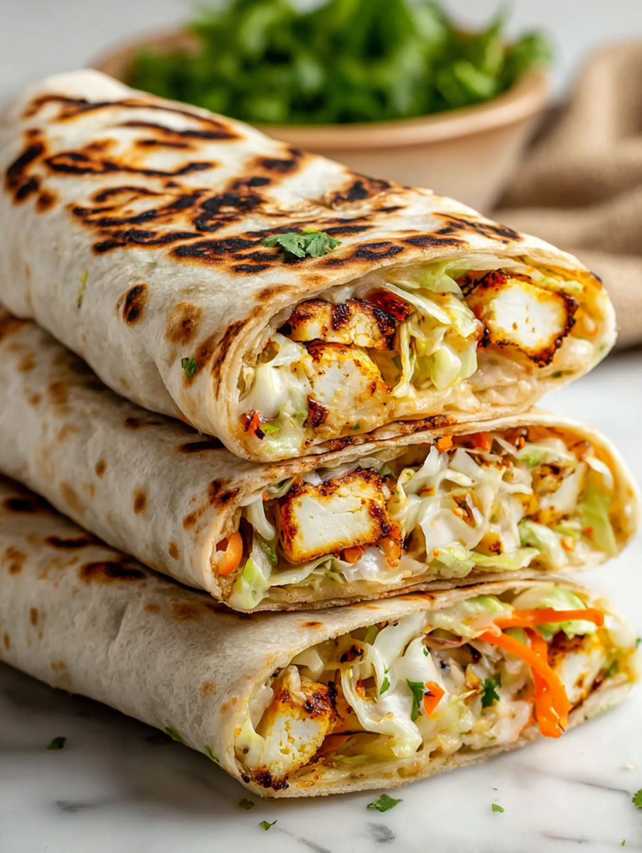 Sweet chili halloumi wraps stacked on top of each other.
