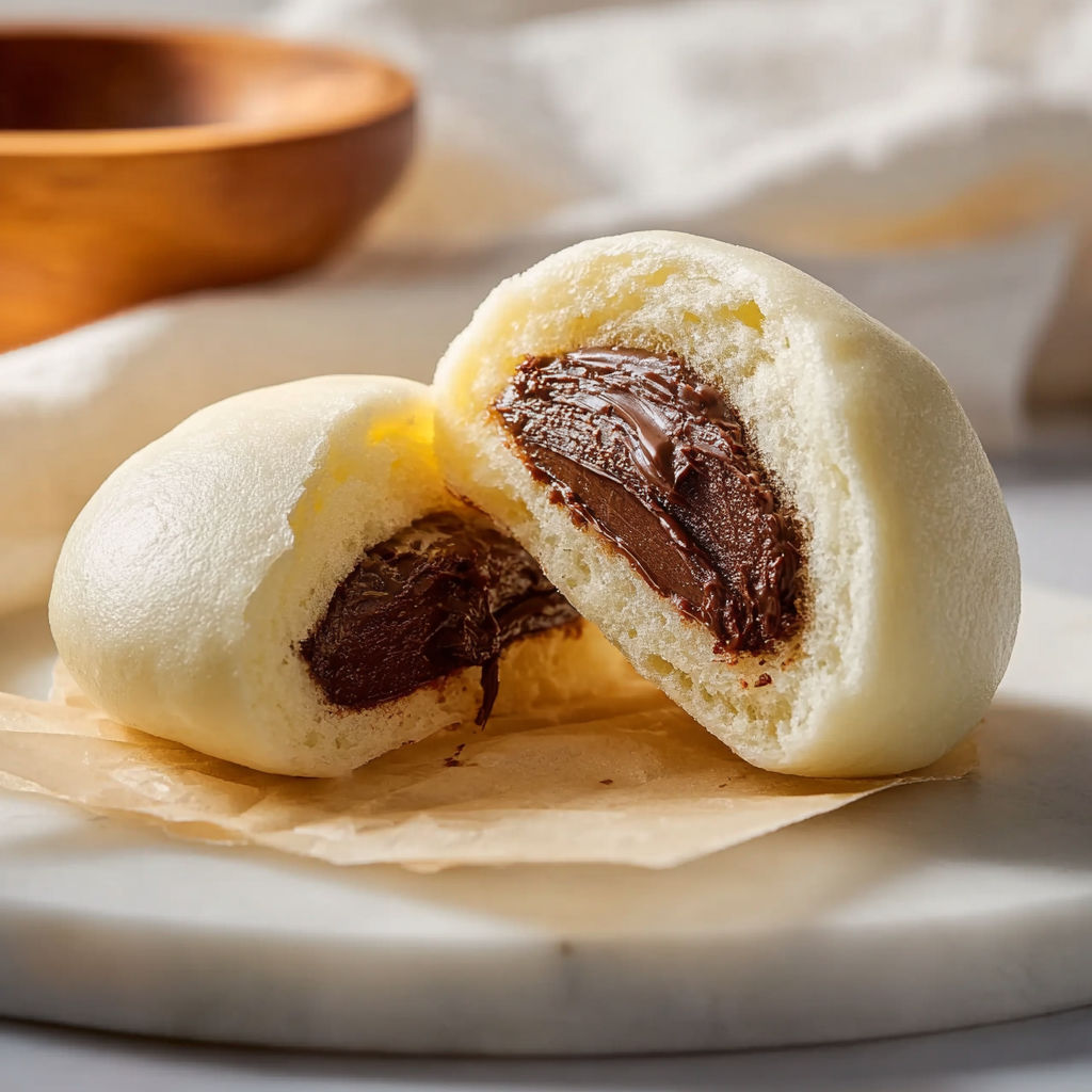 Two chocolate-filled dumplings on a plate.