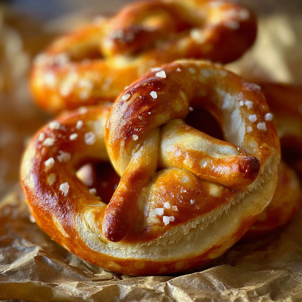 Soft pretzels on a table.
